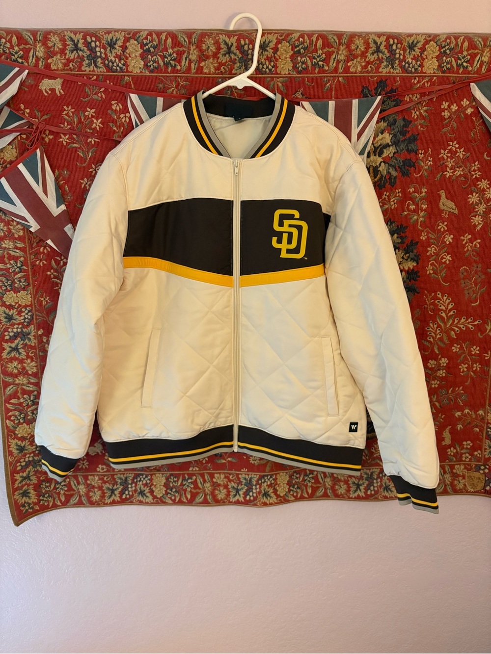 San Diego Padres Quilted Bomber Jacket in Cream & Brown with Yellow Trim